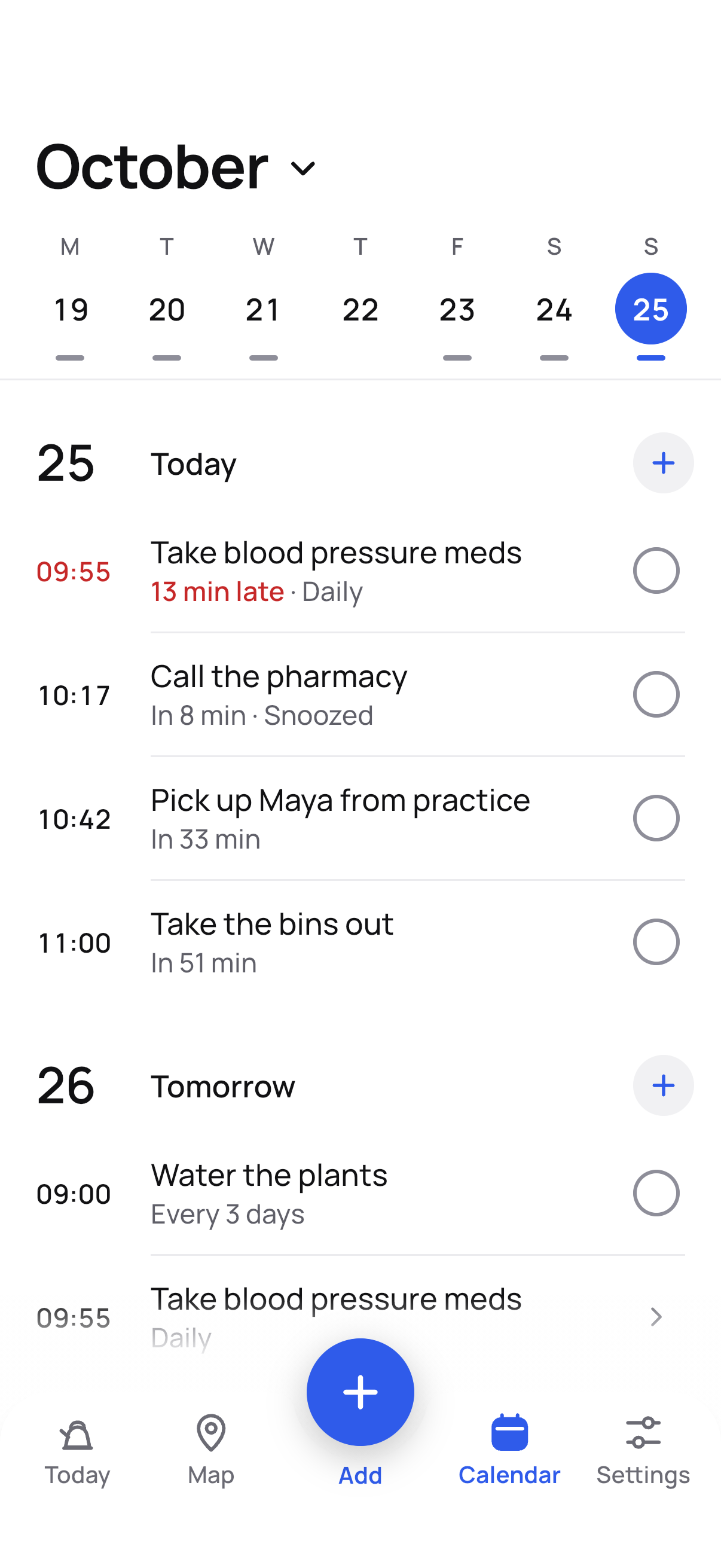The Calendar: a week strip, then each day with its reminders.