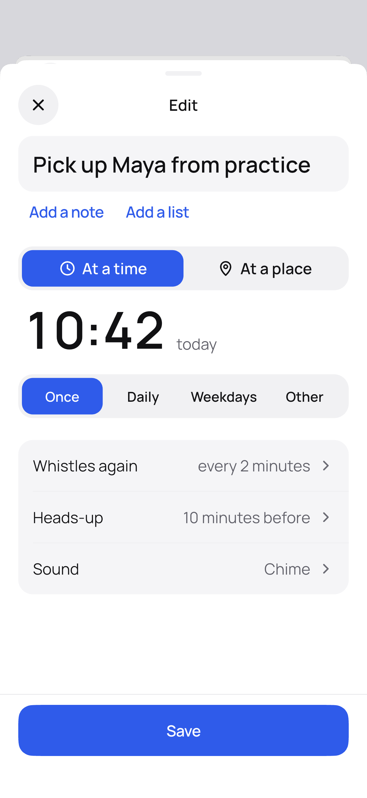 A reminder in Kettle: its title, the time in large digits, Once, Daily or Weekdays, how often it whistles again, a heads-up and the sound.