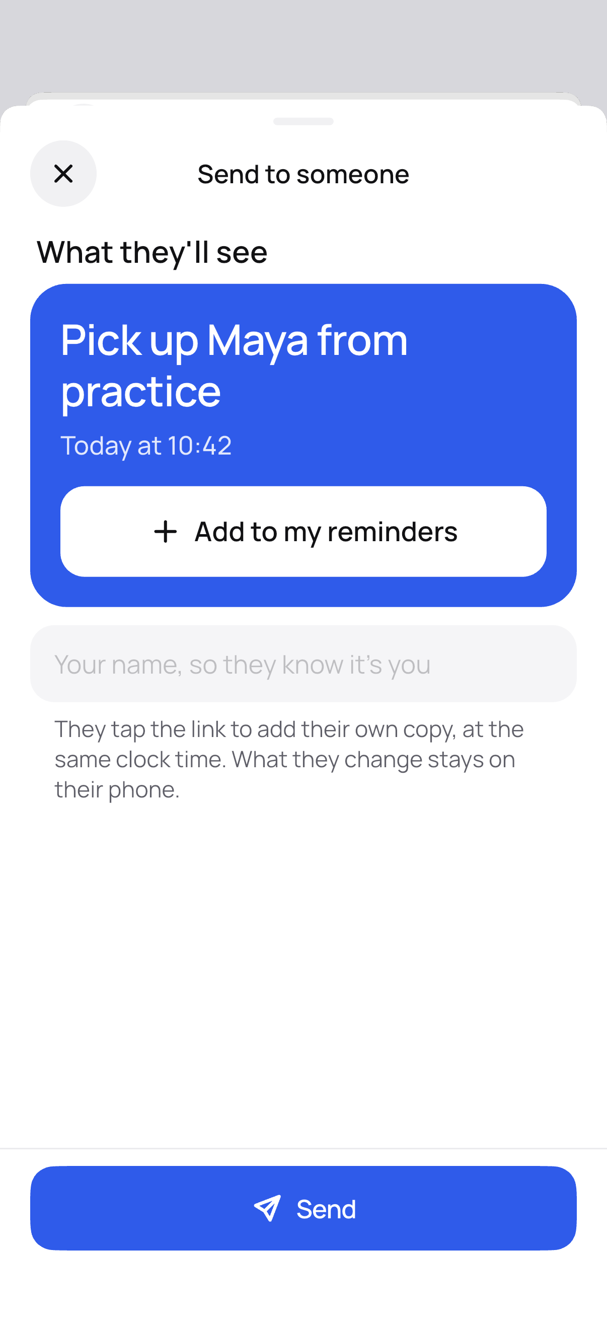 Sending a reminder: what the other person will see, and a Send button.